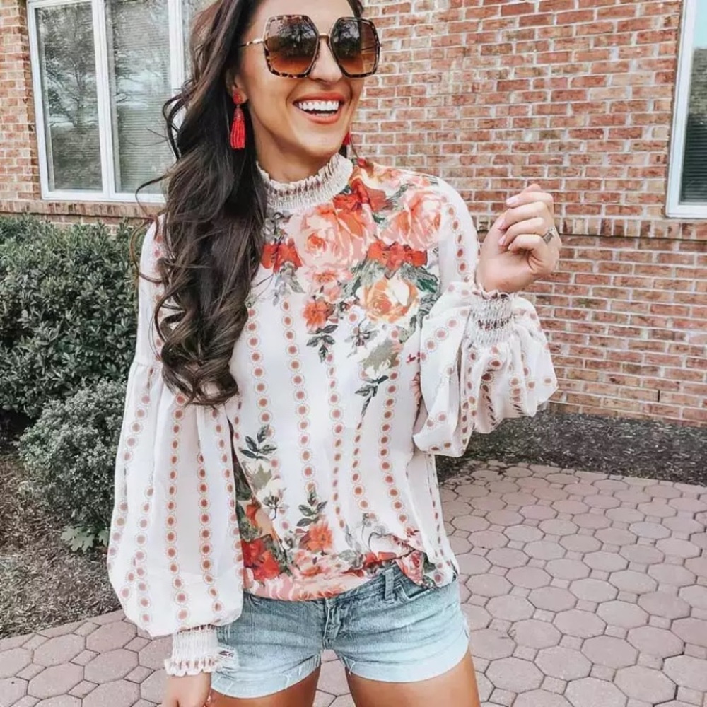 Bohemian Floral Long Sleeve Chiffon Blouse Top - Picture 2 of 6